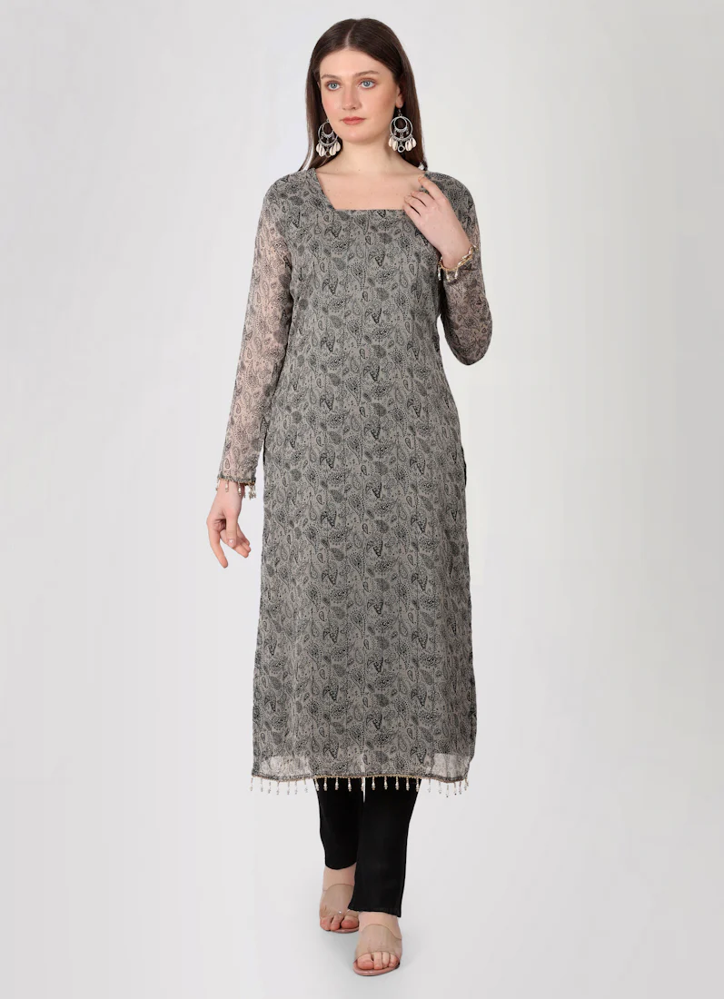 Grey Georgette Printed Straight Cut Suit Set - Image 5