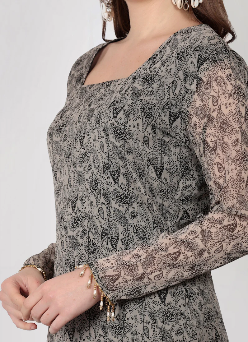 Grey Georgette Printed Straight Cut Suit Set - Image 7