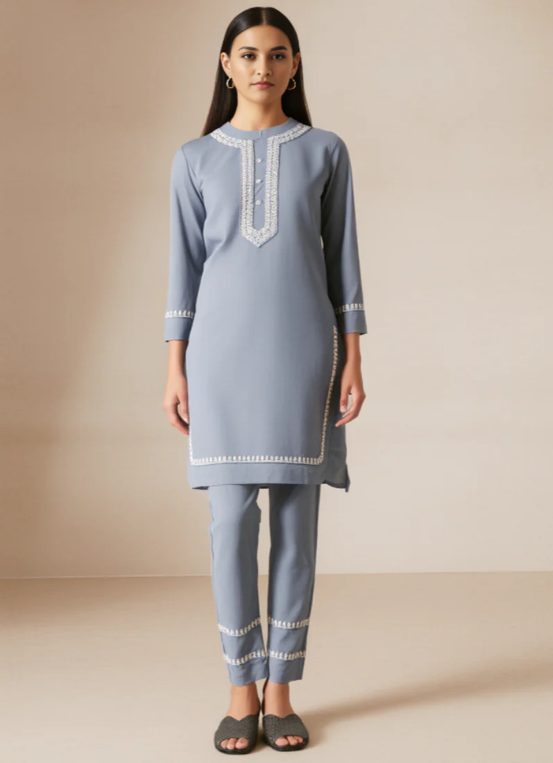 Grey Linen Embroidered Co-ord Set - Image 2