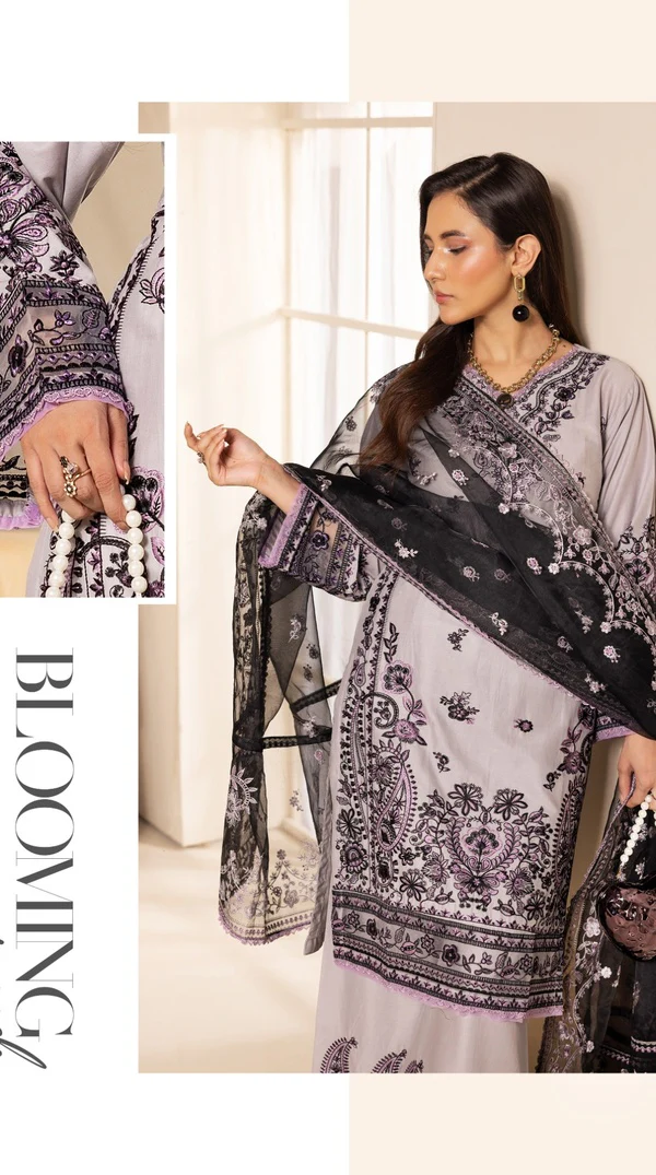 Grey Linen Embroidered Palazzo Suit with Organza Dupatta - Image 4