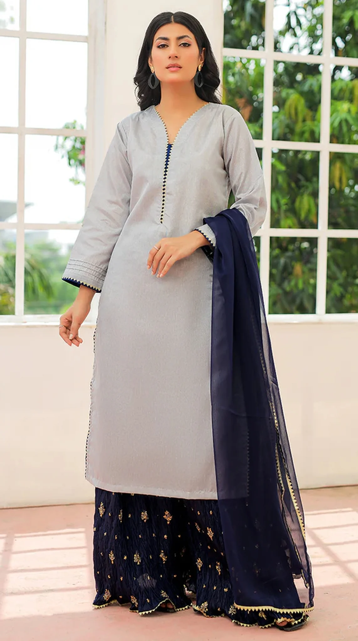 Grey-Navy Blue Sharara Suit Set - Image 2