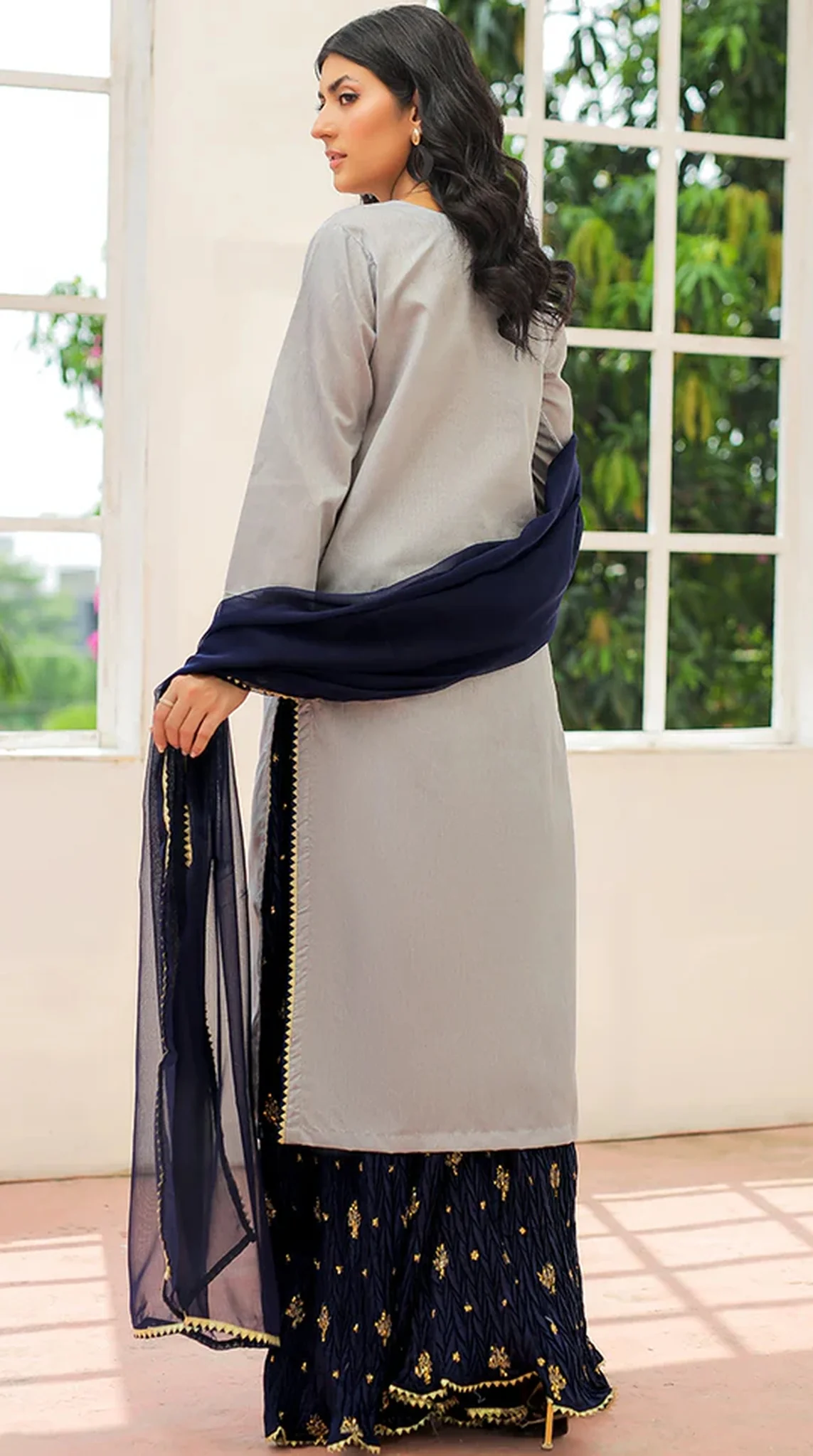 Grey-Navy Blue Sharara Suit Set - Image 3