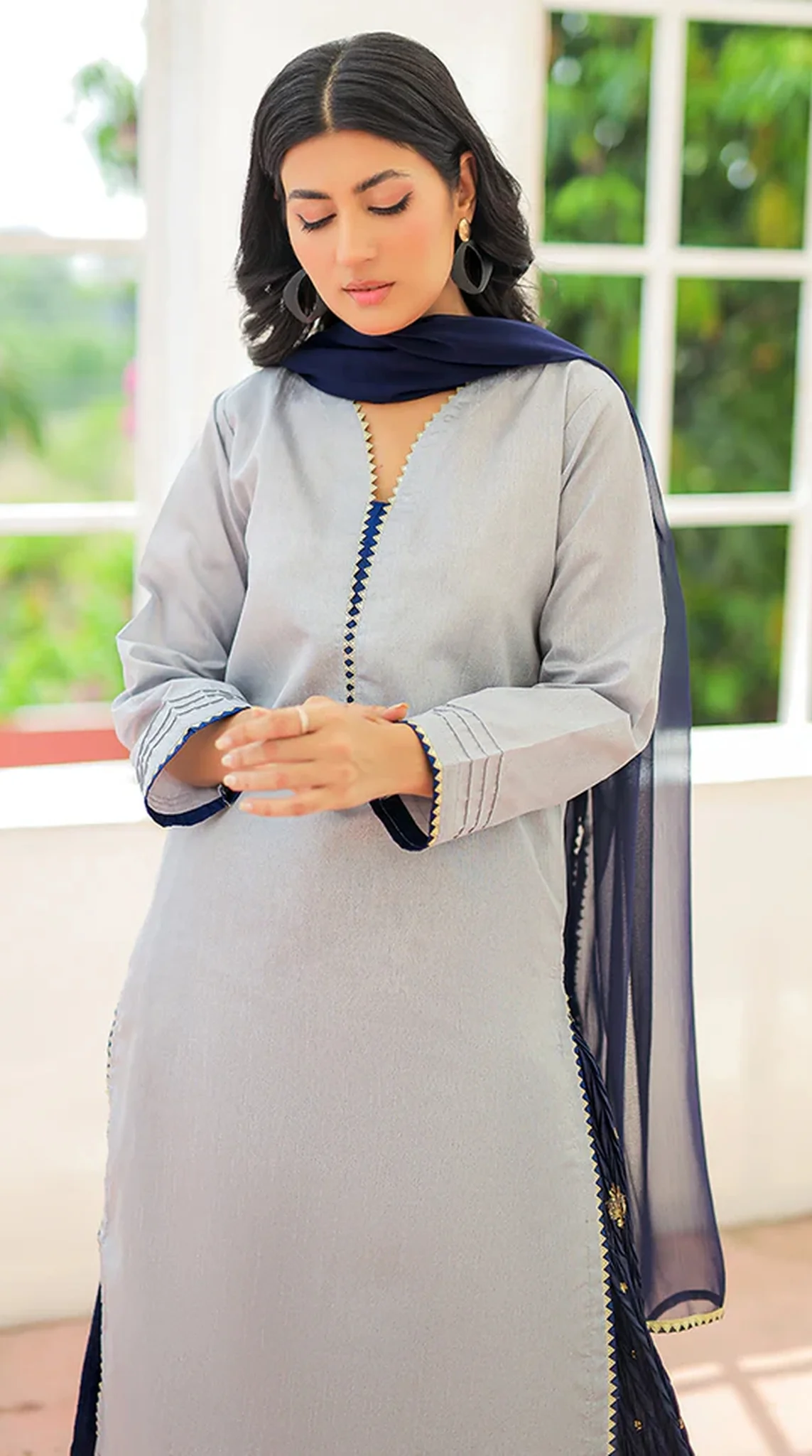 Grey-Navy Blue Sharara Suit Set - Image 4