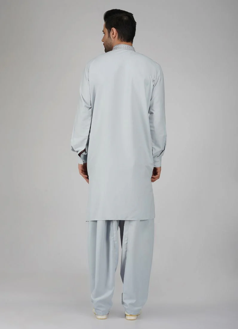 Grey Polyester Embroidered Mens Kurta Salwar Set - Image 3