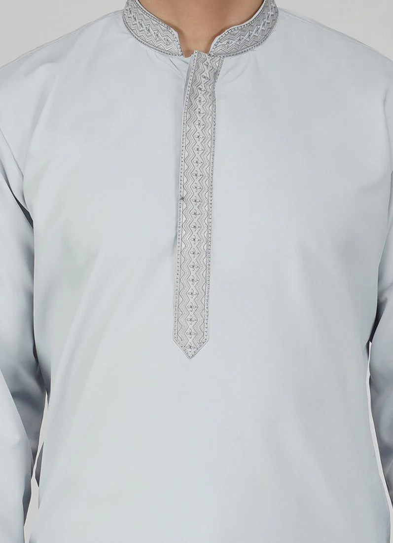 Grey Polyester Embroidered Mens Kurta Salwar Set - Image 4