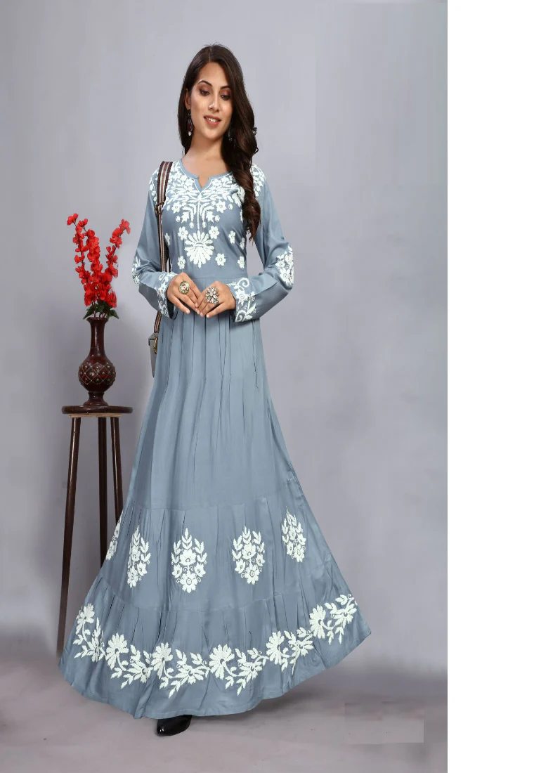 Grey Rayon Bias Cut Thread Work Dress - Image 2