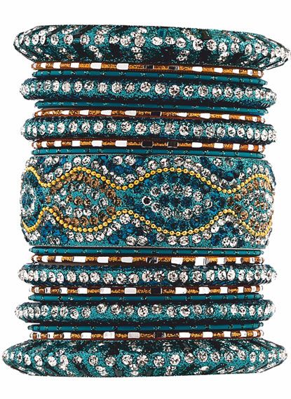 Jade Bridal Diamonte Bangles Set â€“ Gold & Colour Mini Beads Wedding Jewellery - Image 2