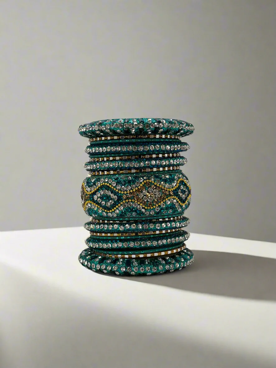 Jade Bridal Diamonte Bangles Set â€“ Gold & Colour Mini Beads Wedding Jewellery - Image 3