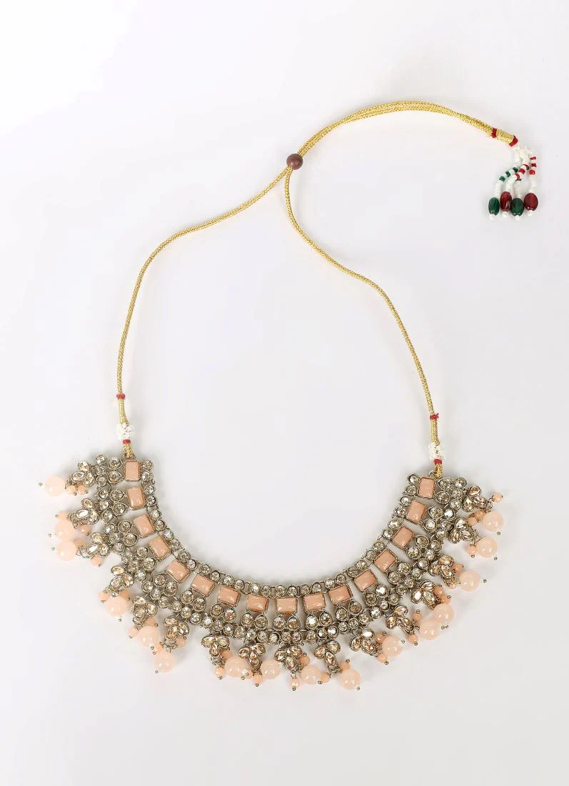 Icy Peach Pearl & Stone Heavy Necklace Set - Image 5