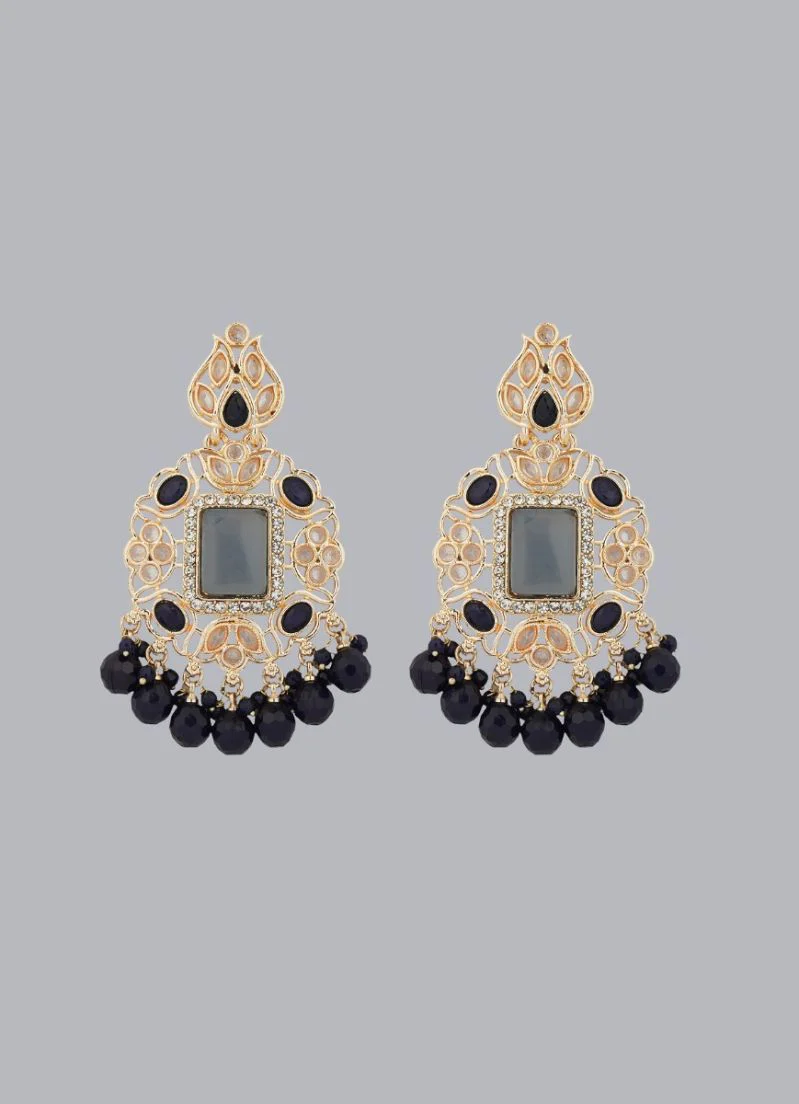 Intricate Gold Beaded Earrings With Cats Eyes Stone - Image 2