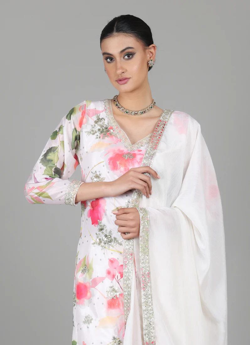 Ivory Chinon Floral Printed Suit Set - Image 5