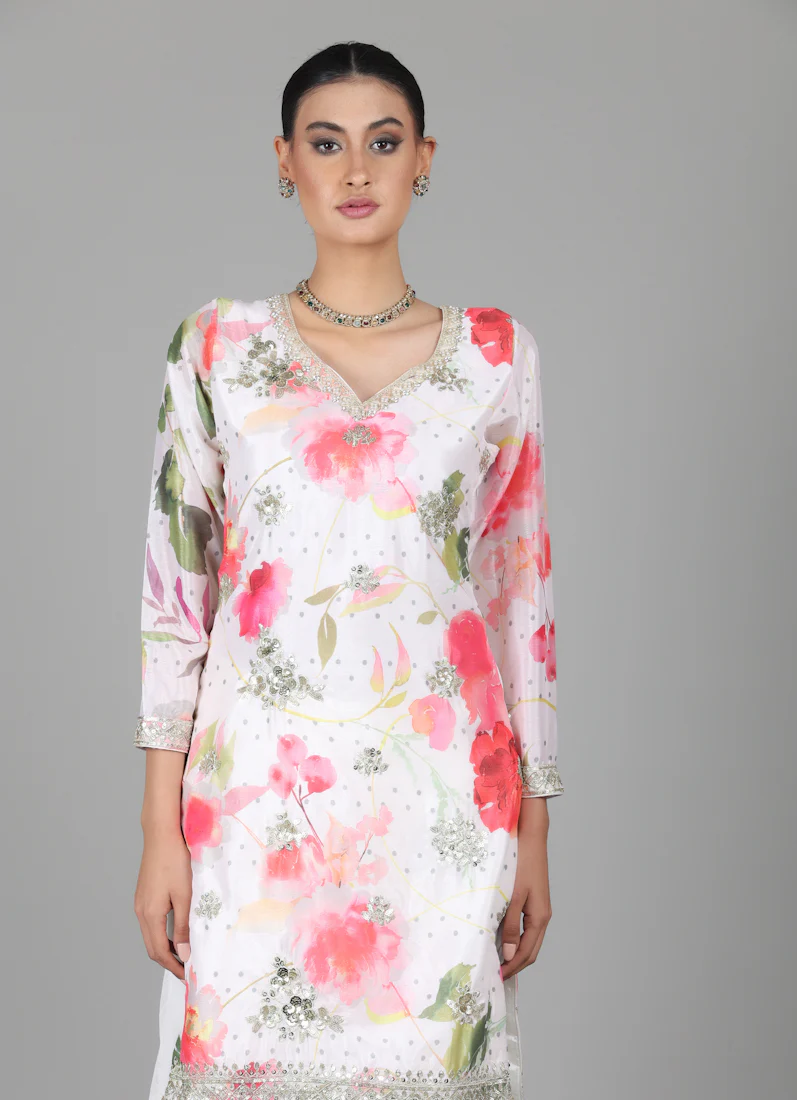 Ivory Chinon Floral Printed Suit Set - Image 6
