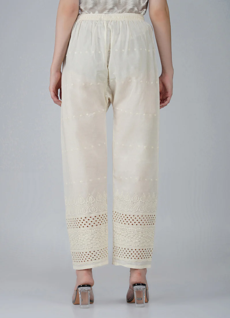Ivory Cotton Embroidered Trouser - Image 2