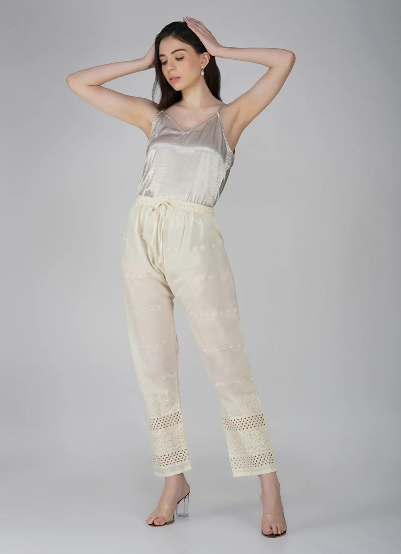 Ivory Cotton Embroidered Trouser - Image 3