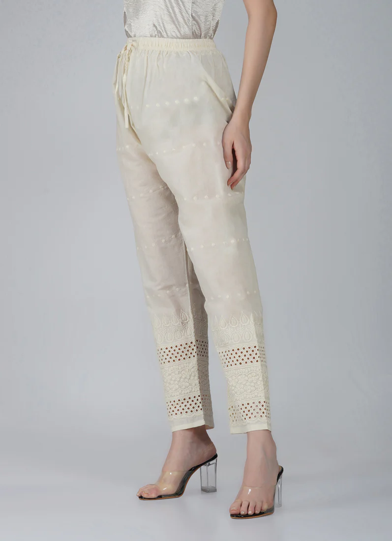 Ivory Cotton Embroidered Trouser - Image 4