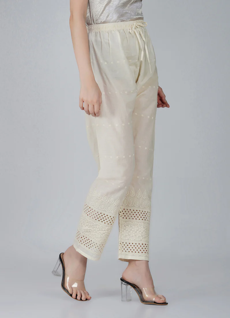 Ivory Cotton Embroidered Trouser - Image 5