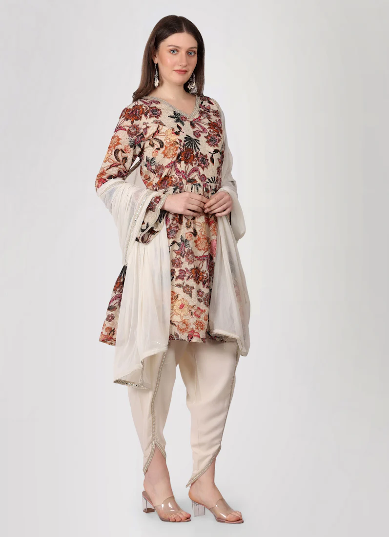 Ivory Floral Printed Peplum Suit Set - Image 3