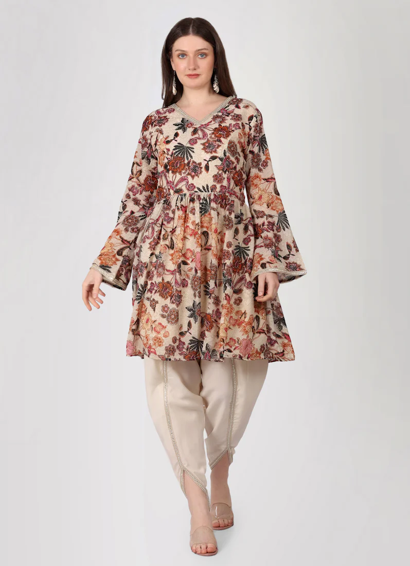 Ivory Floral Printed Peplum Suit Set - Image 4