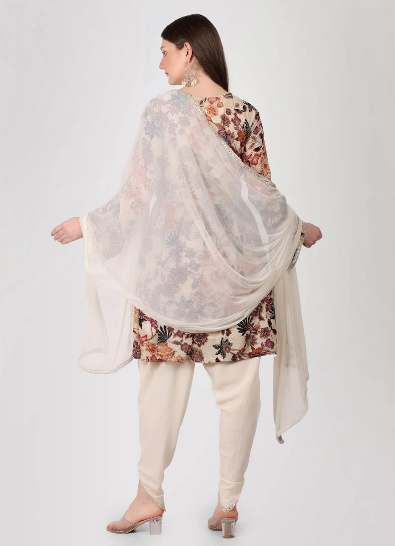 Ivory Floral Printed Peplum Suit Set - Image 5