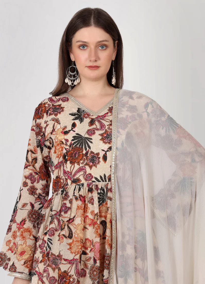 Ivory Floral Printed Peplum Suit Set - Image 6