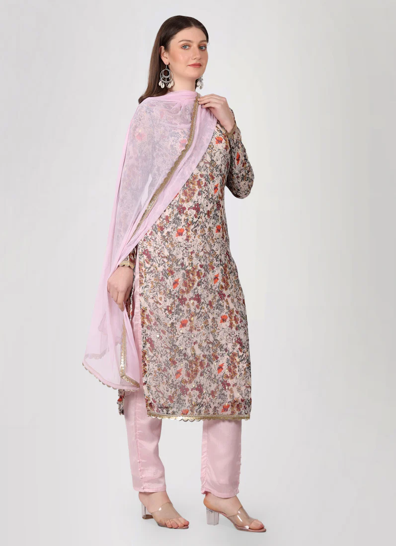 Light Pink Georgette Lurex Printed Suit Set - Image 3