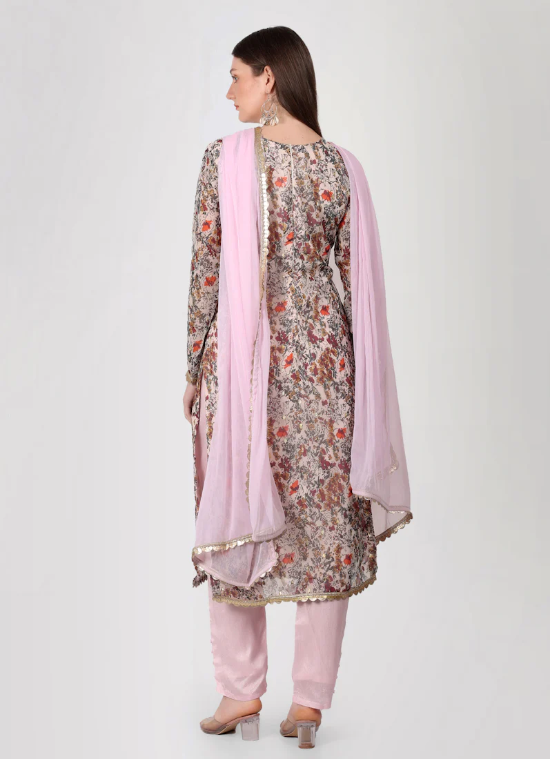 Light Pink Georgette Lurex Printed Suit Set - Image 4