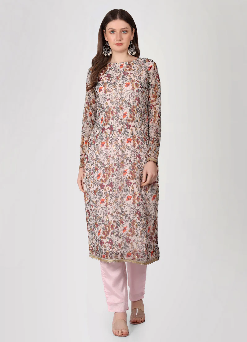 Light Pink Georgette Lurex Printed Suit Set - Image 5