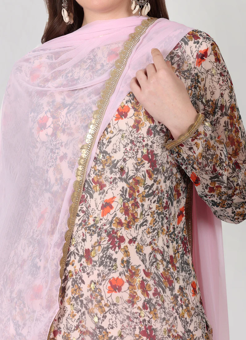Light Pink Georgette Lurex Printed Suit Set - Image 6