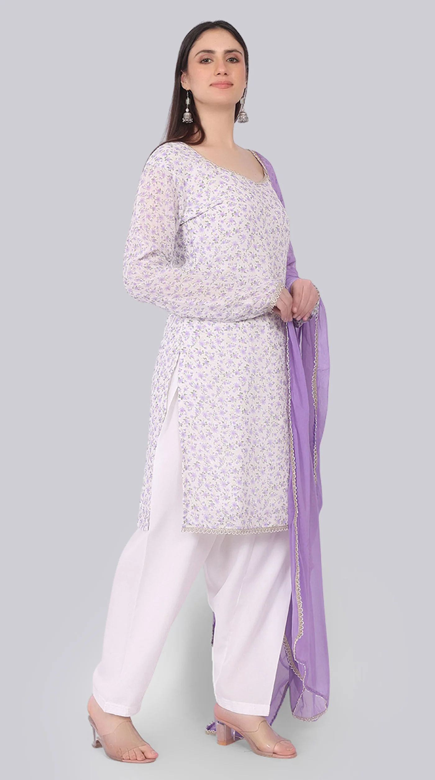 Ivory Georgette Shift Suit Set with Lavender Dupatta - Image 2