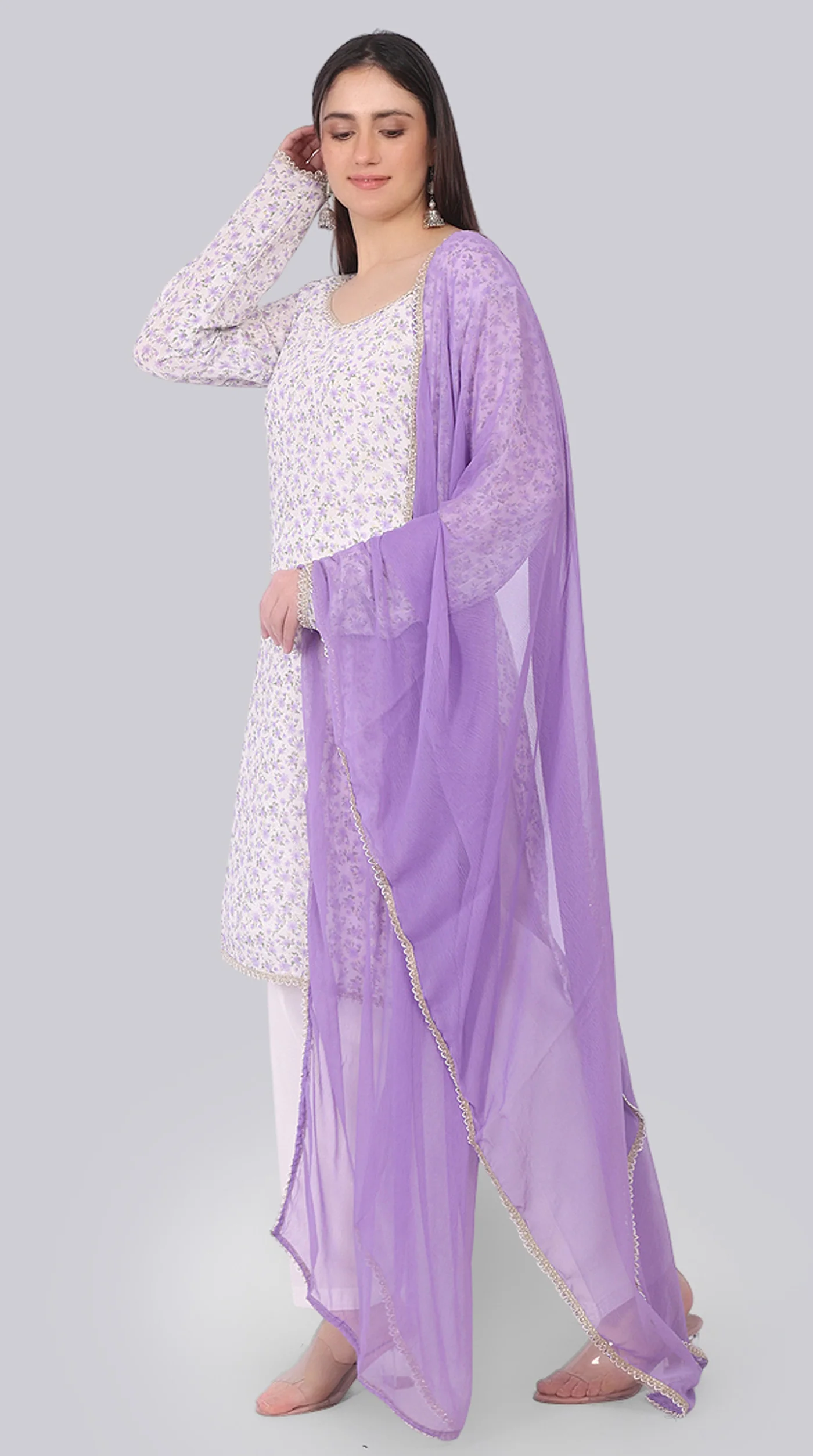 Ivory Georgette Shift Suit Set with Lavender Dupatta - Image 3