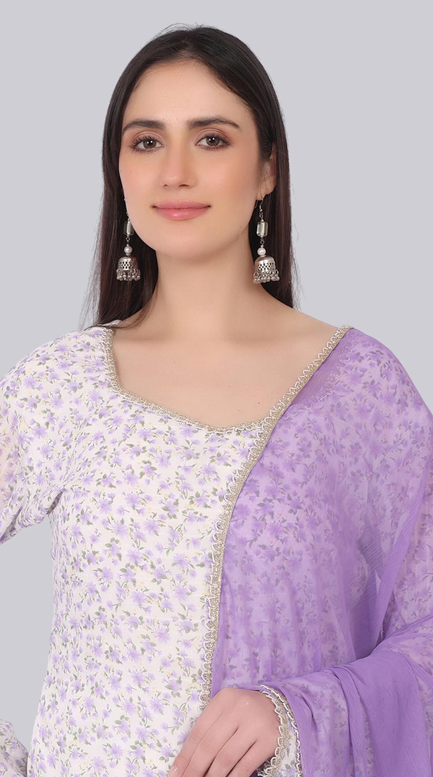 Ivory Georgette Shift Suit Set with Lavender Dupatta - Image 5