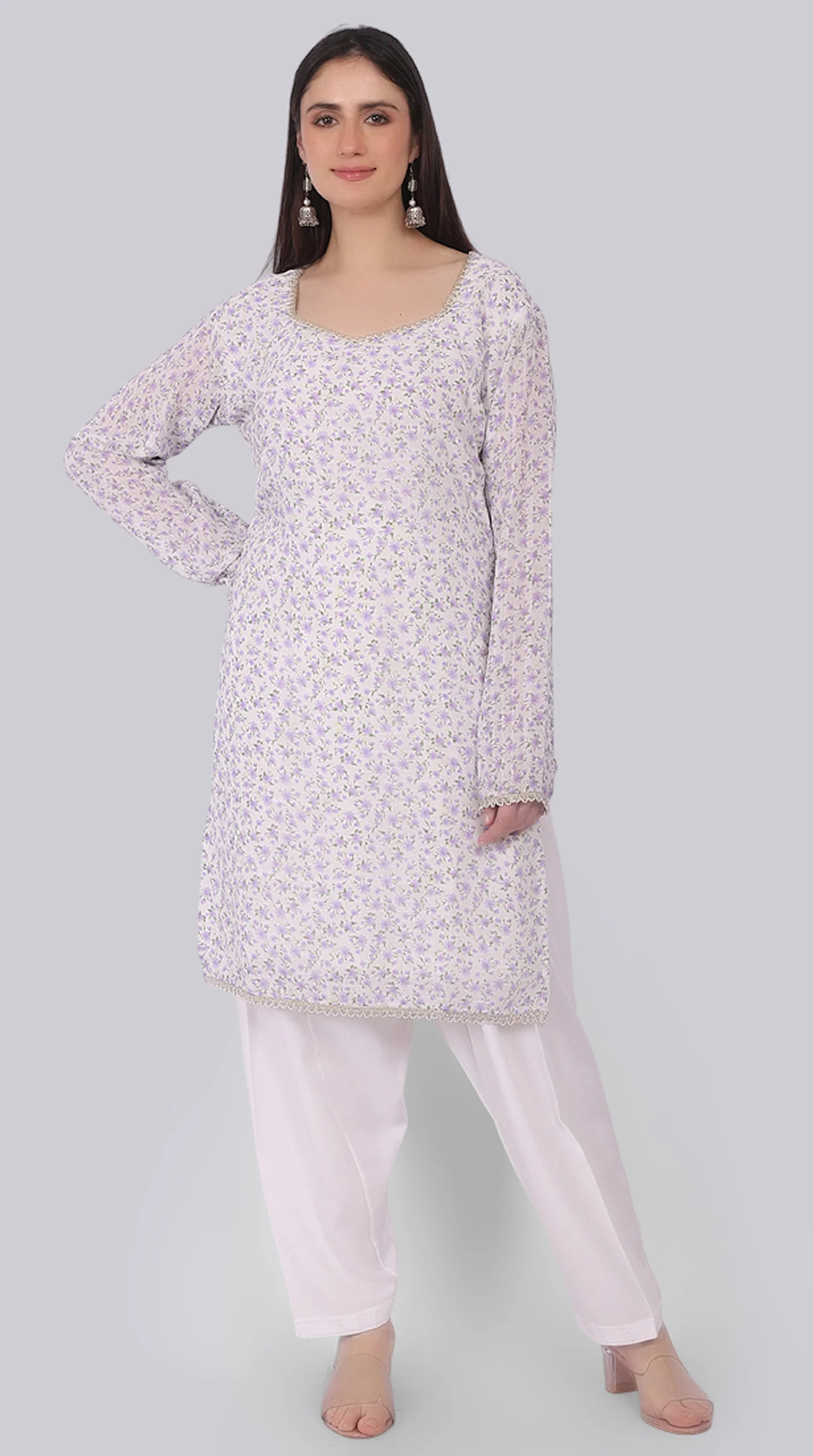 Ivory Georgette Shift Suit Set with Lavender Dupatta - Image 6