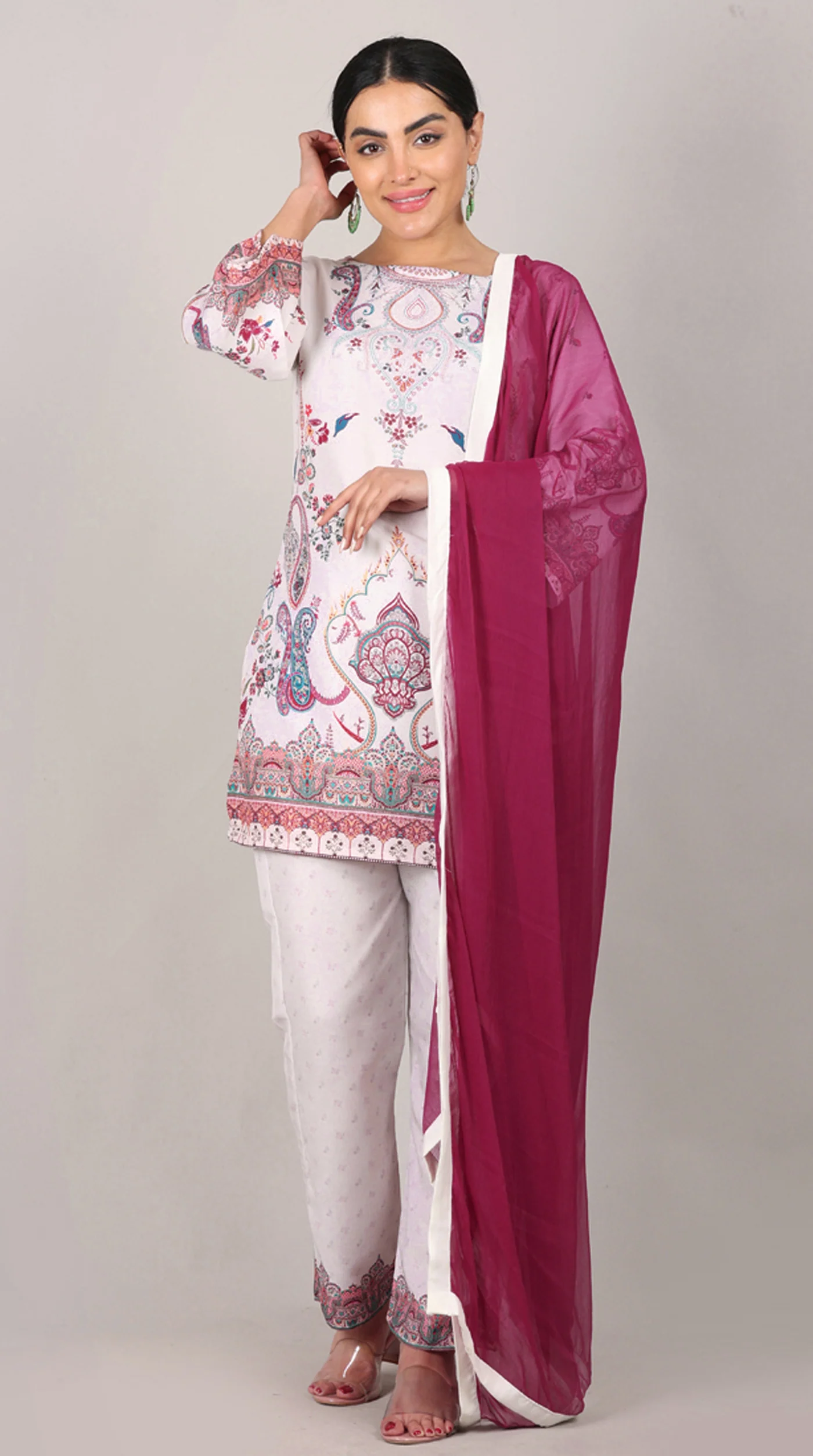 Off White Printed Rayon Suit Set - Image 2