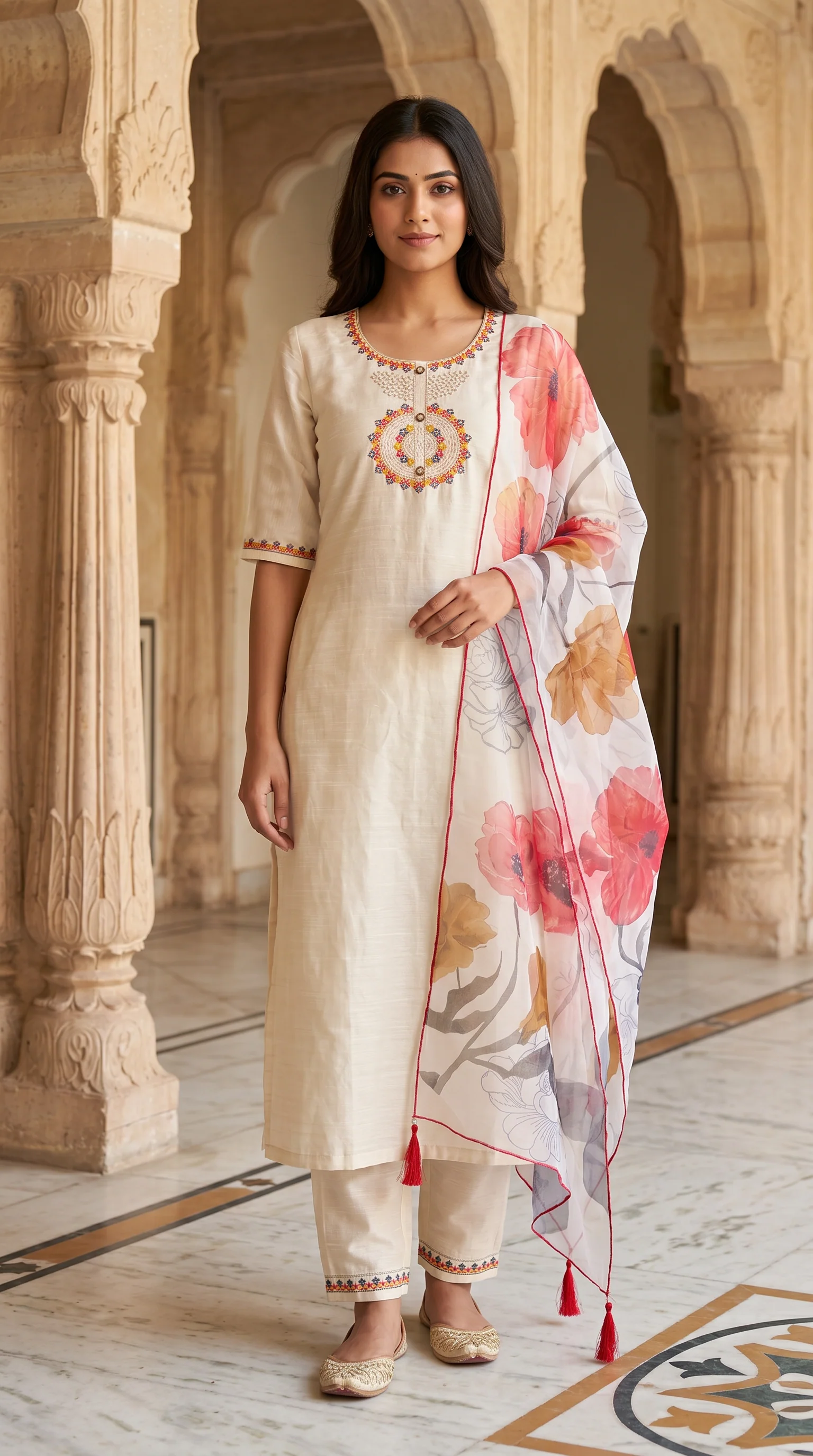Ivory Rayon Zari Embroidered Kurta Set with Printed Organza Dupatta - Image 2