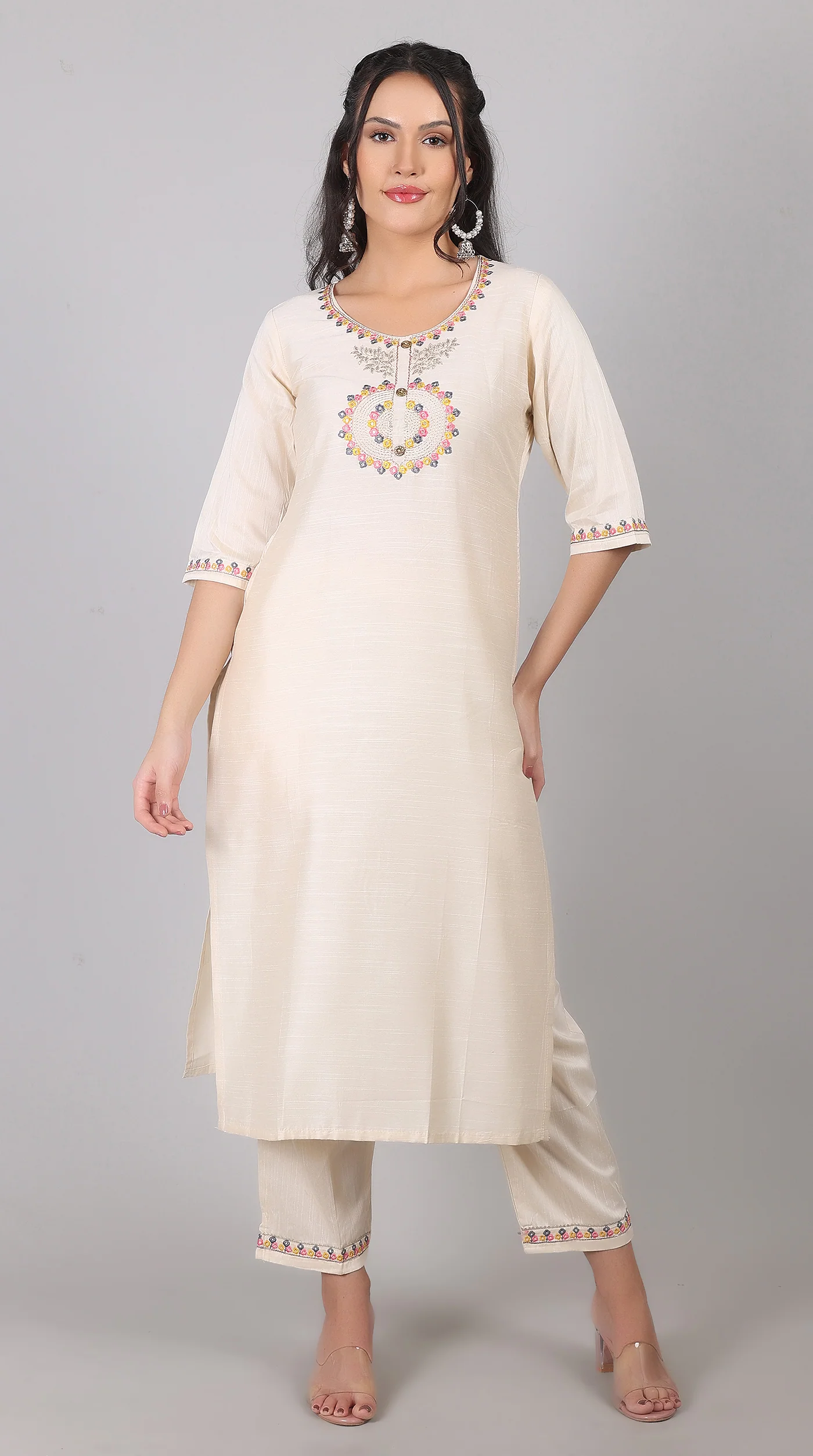 Ivory Rayon Zari Embroidered Kurta Set with Printed Organza Dupatta - Image 3