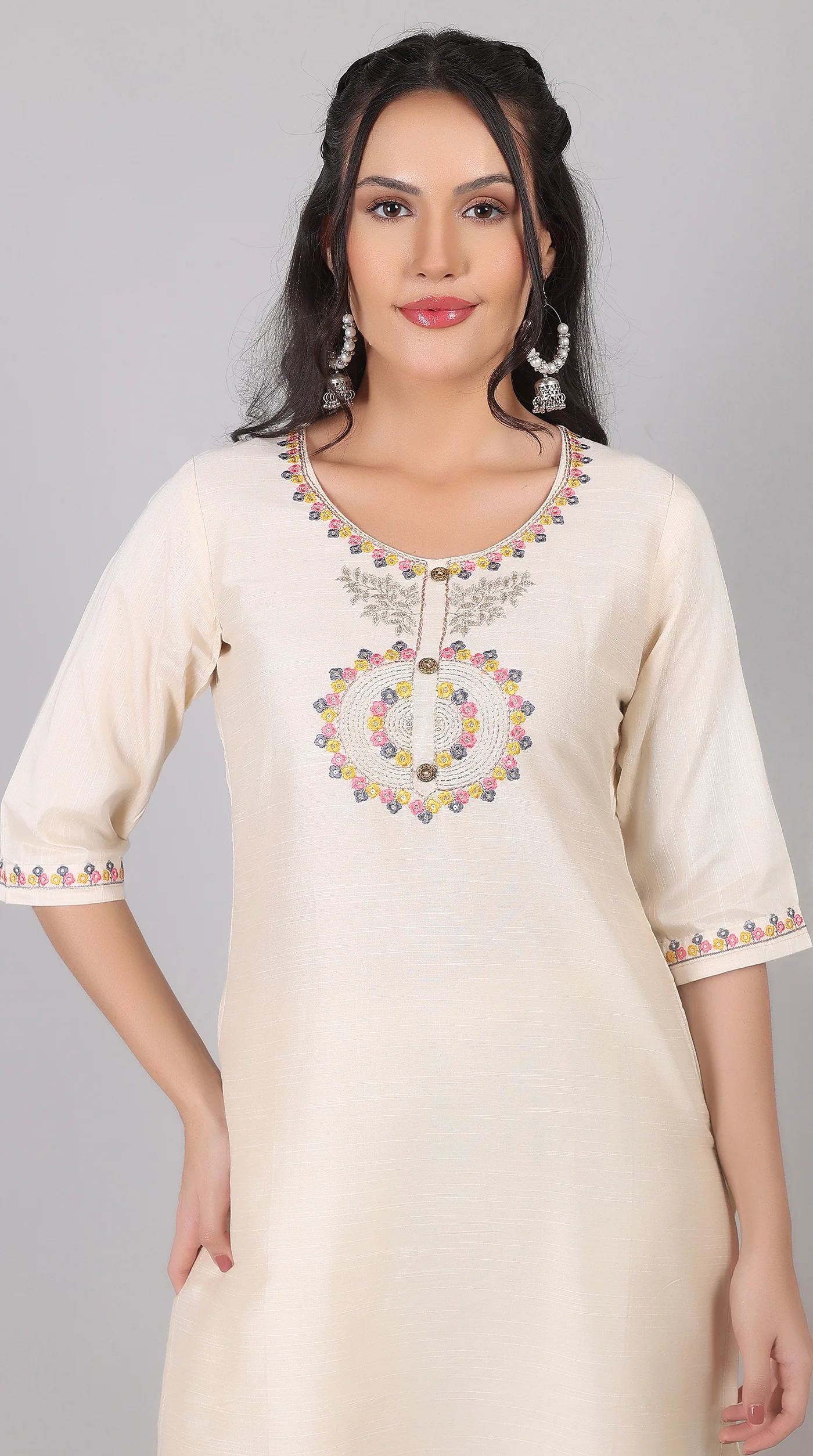 Ivory Rayon Zari Embroidered Kurta Set with Printed Organza Dupatta - Image 4