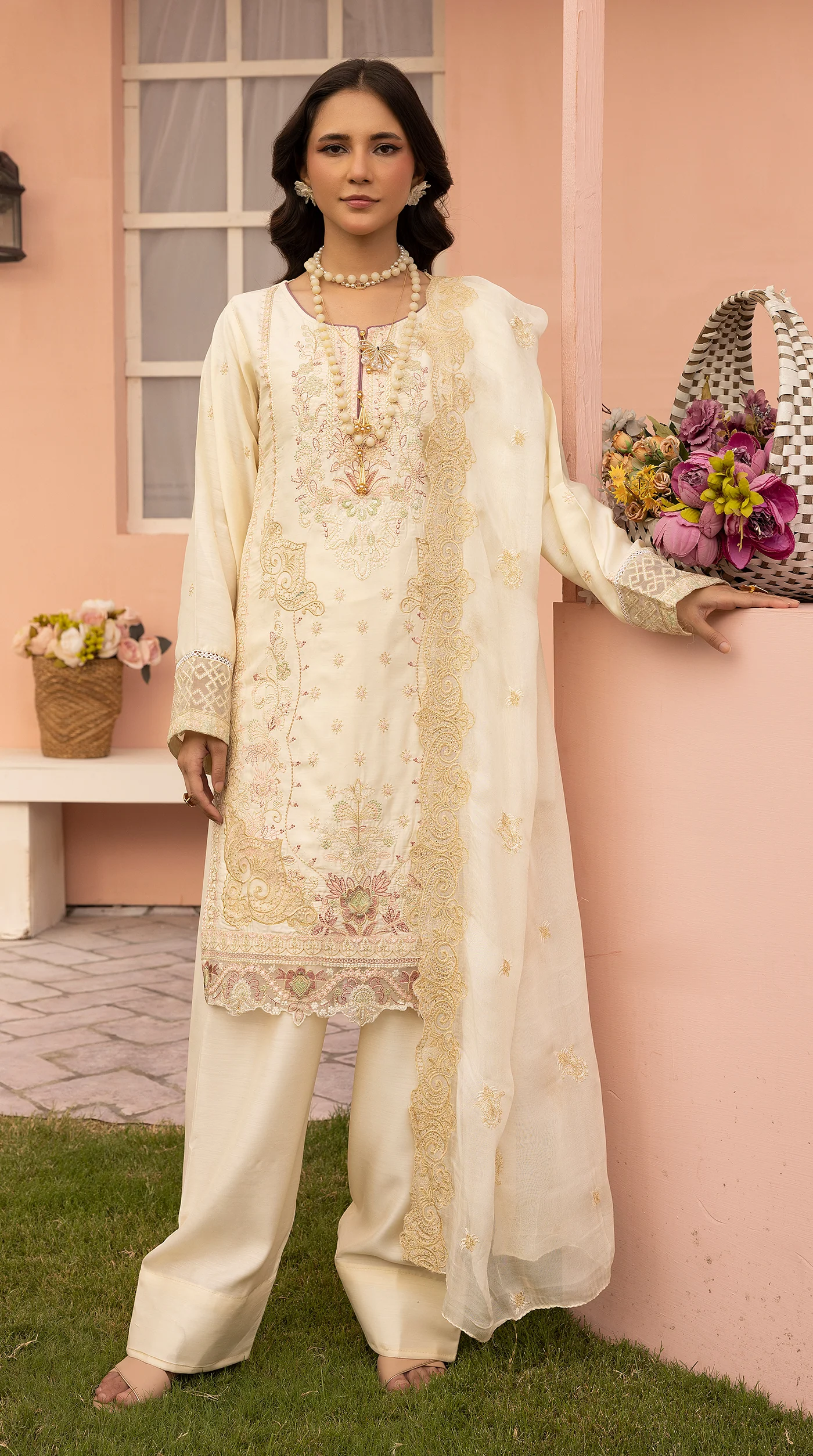 Ivory Sequin Embroidered Eid Suit with Farshi Salwar - Image 2