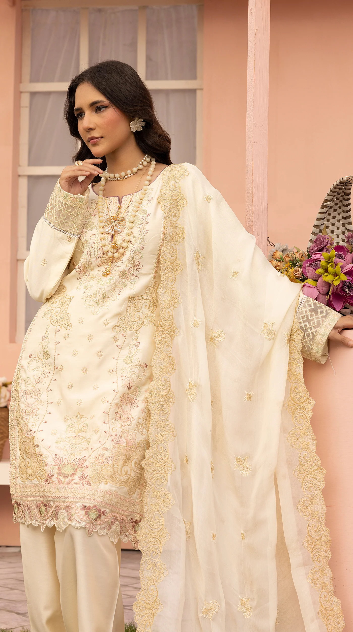 Ivory Sequin Embroidered Eid Suit with Farshi Salwar - Image 5