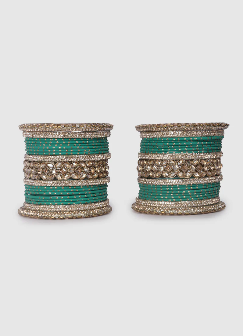 Jade Green Diamante Kara Double Bangle Set for Women â€“ Bridal Wedding Ethnic Jewellery - Image 2