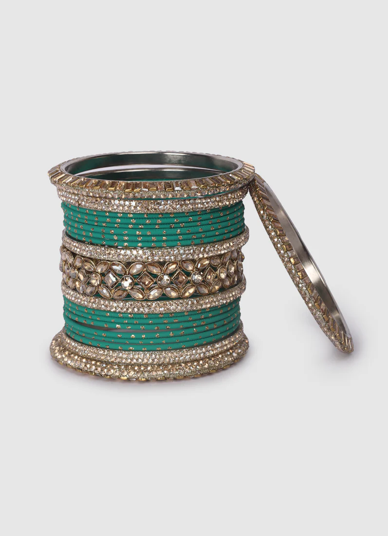 Jade Green Diamante Kara Double Bangle Set for Women â€“ Bridal Wedding Ethnic Jewellery - Image 3