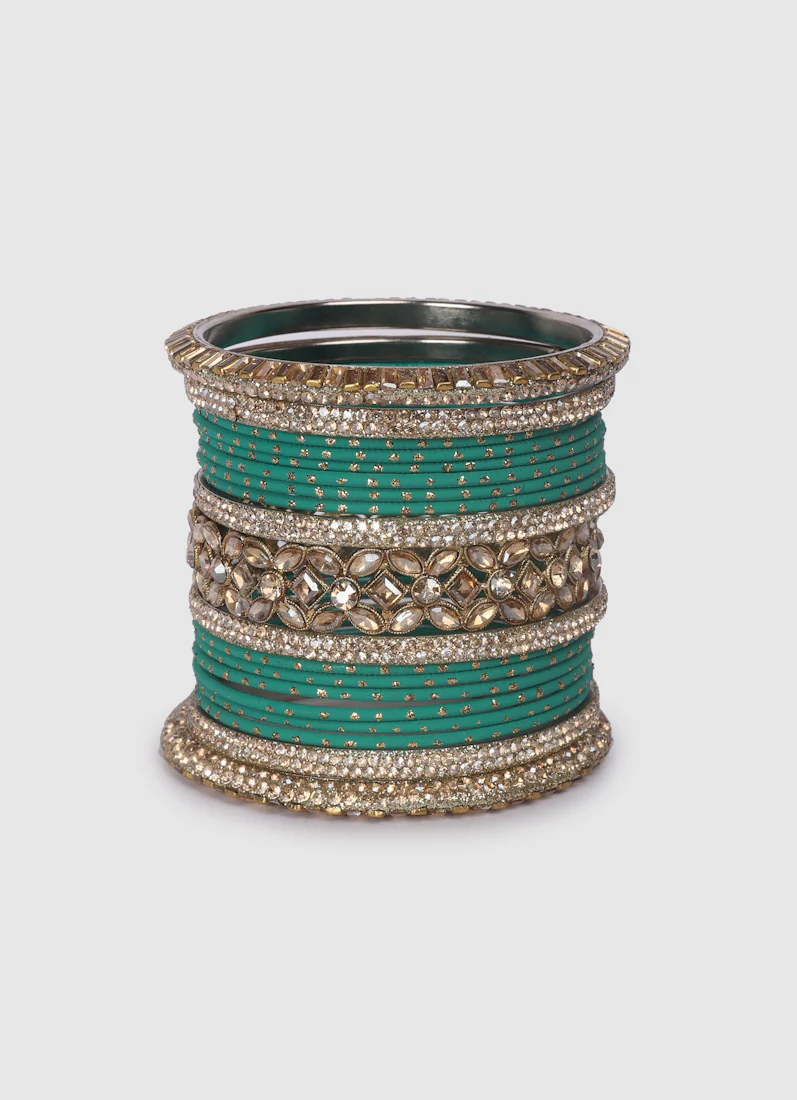 Jade Green Diamante Kara Double Bangle Set for Women â€“ Bridal Wedding Ethnic Jewellery - Image 4