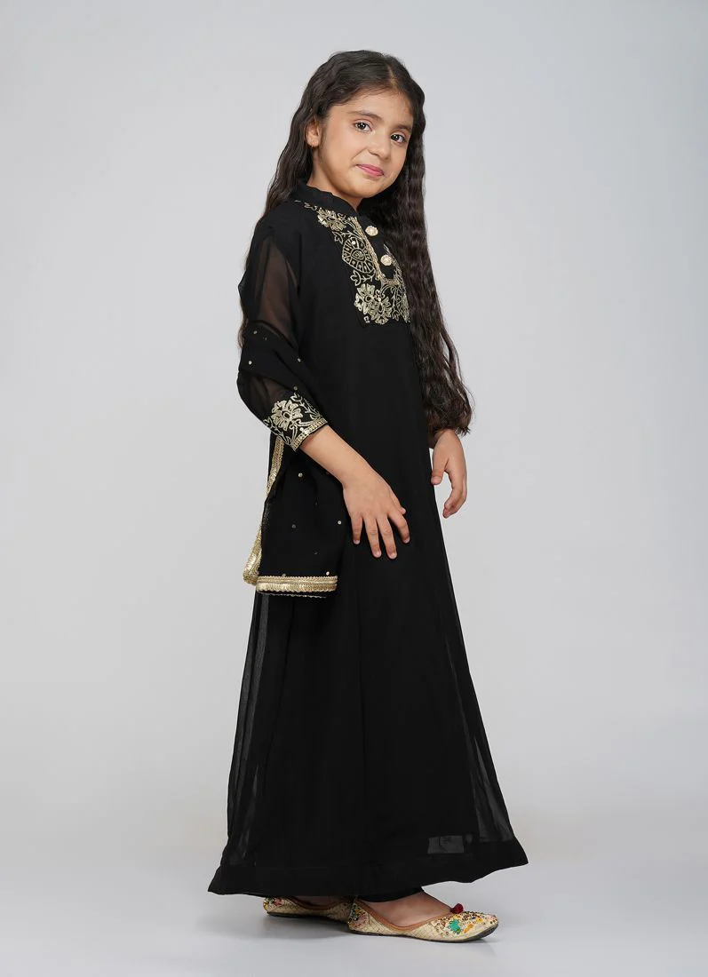 Kids Black Bias Cut Embroidery Suit Set - Image 2