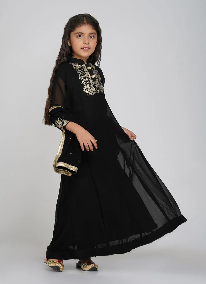 Kids Black Bias Cut Embroidery Suit Set - Image 3