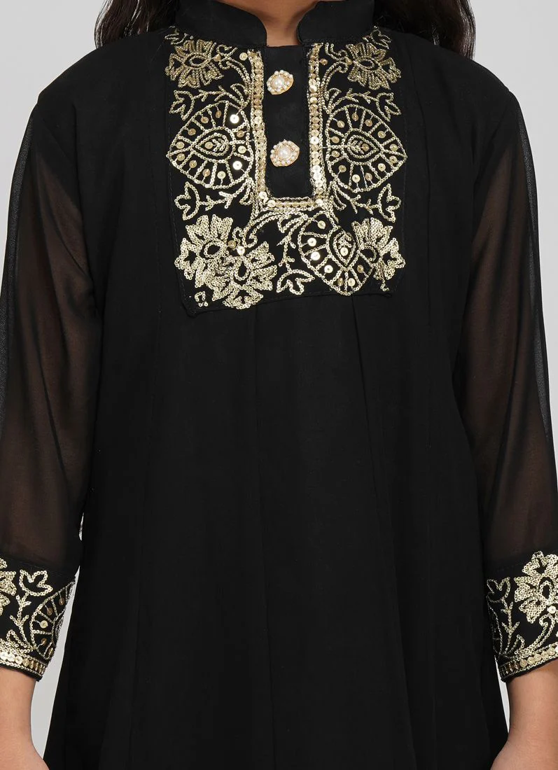 Kids Black Bias Cut Embroidery Suit Set - Image 4
