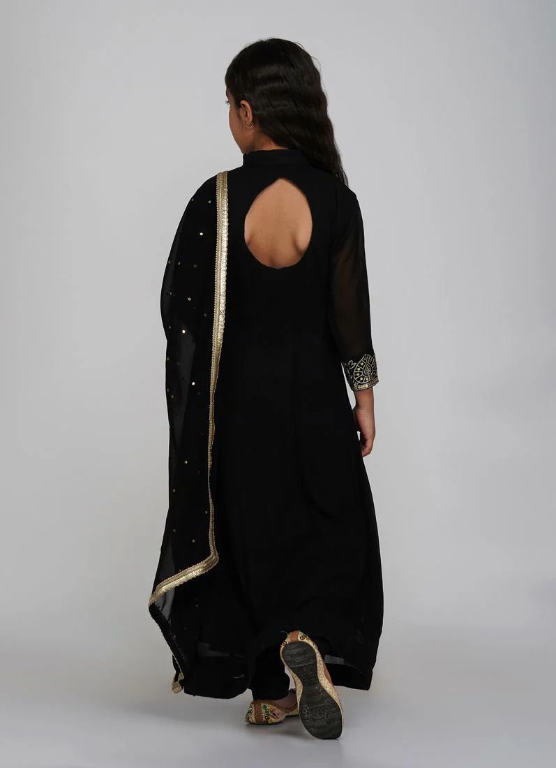 Kids Black Bias Cut Embroidery Suit Set - Image 5