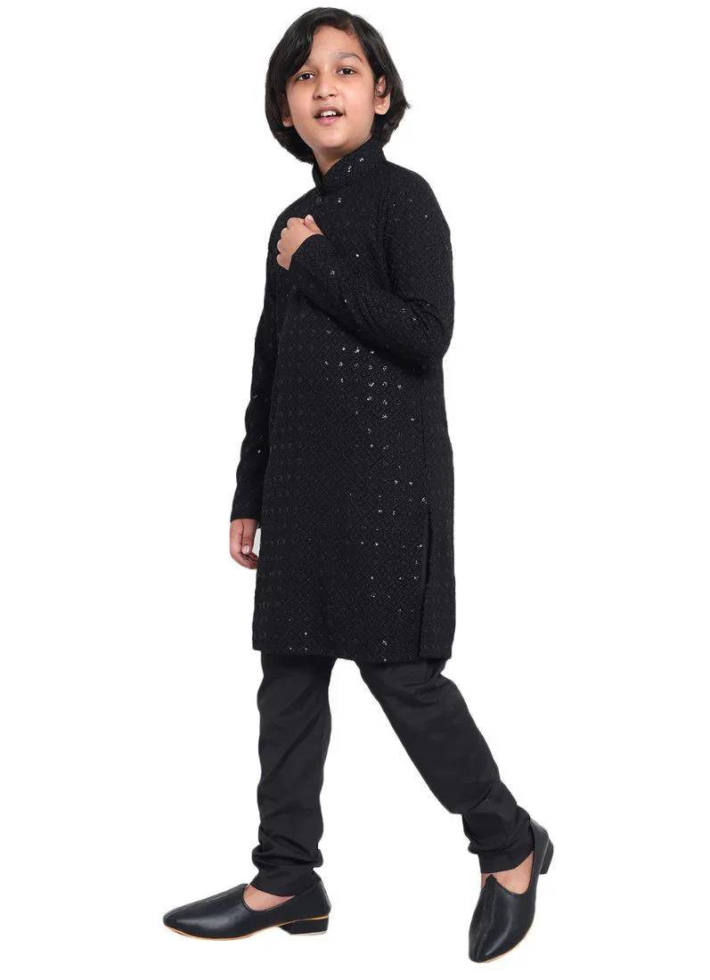 Kid's Black Chickankari Kurta Pajama Set - Image 3