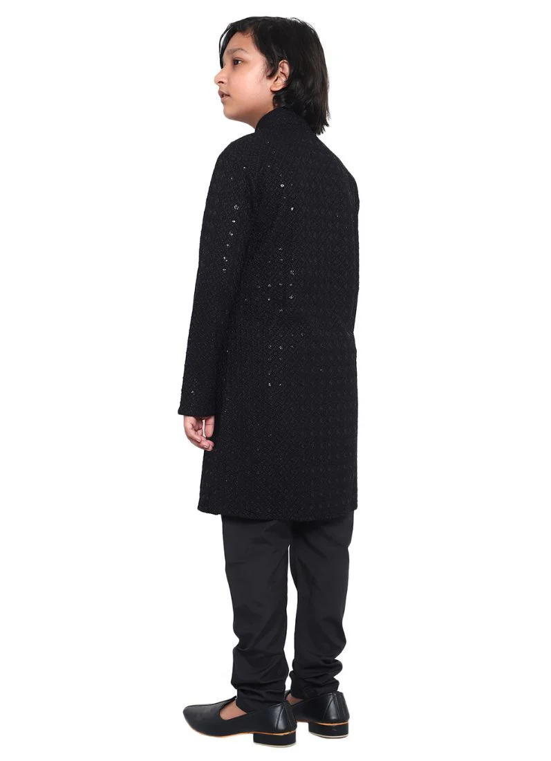Kid's Black Chickankari Kurta Pajama Set - Image 4