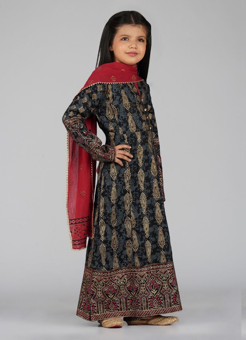 Kids Black Cotton Straight Cut Suit Set - Image 3