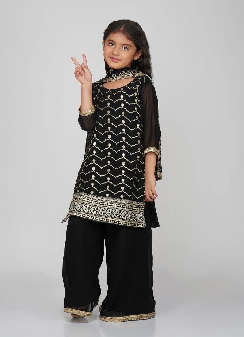 Kids Black Georgette Sequin Embroidered Suit Set - Image 2
