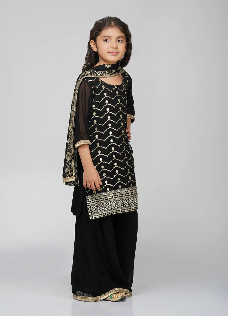 Kids Black Georgette Sequin Embroidered Suit Set - Image 3